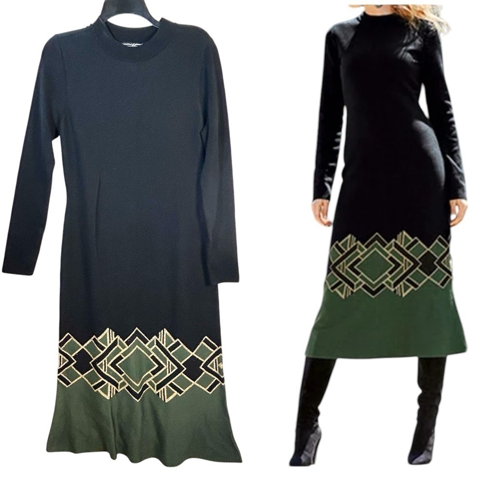 Peruvian Connection Delano Dress Luxury Pima Cotton Metallic Art Black Green S